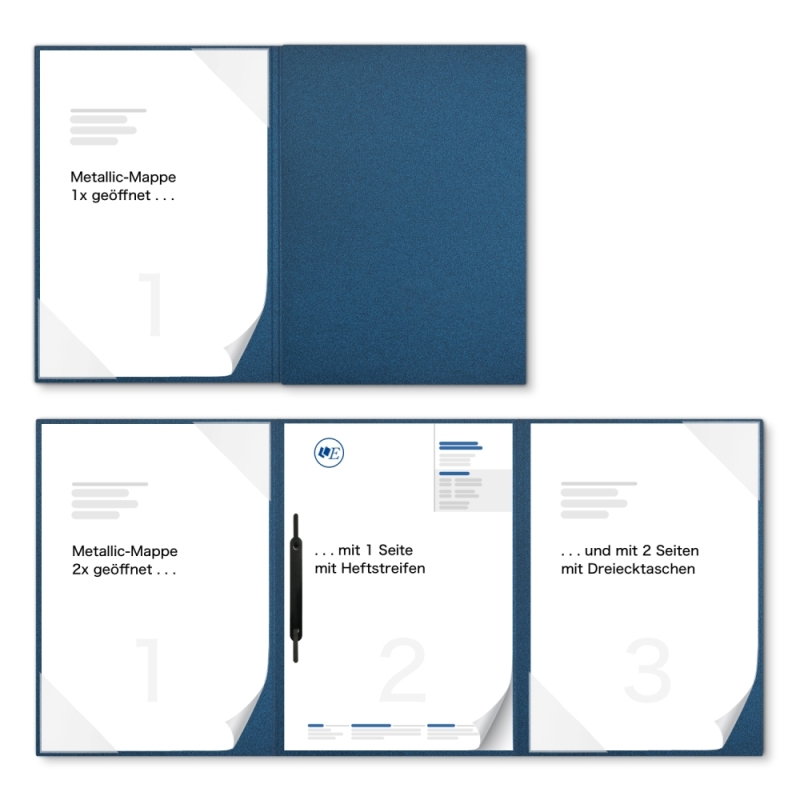 Karton-Mappe mit Metallic-Effekt 3-teilig in Nachtblau mit 2 Seiten Dreiecktaschen und 1 Heftstreifen