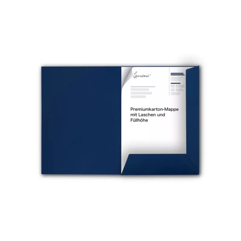 Premium Karton-Mappe 1-teilig in Marineblau mit Laschen und Füllhöhe