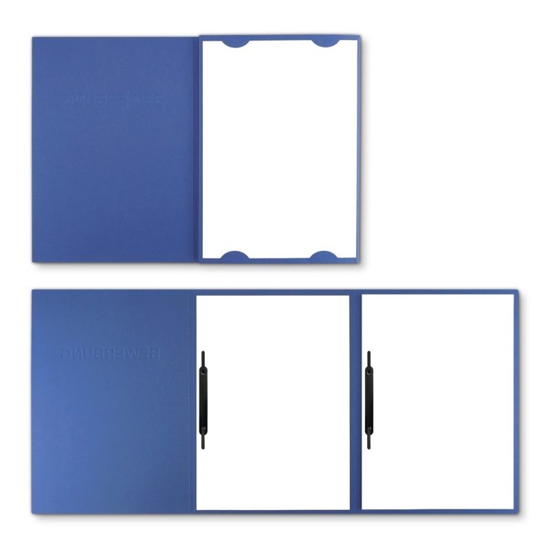 Karton-Mappe mit Lederstruktur 3-teilig in Blau mit Kartoneinschüben und 2 Heftstreifen