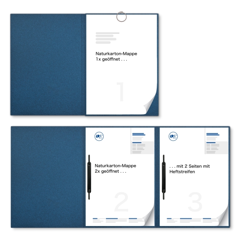 Metallic-Design 3-teilig in Nachtblau mit runder Metallklammer (re.) und 2 Heftstreifen