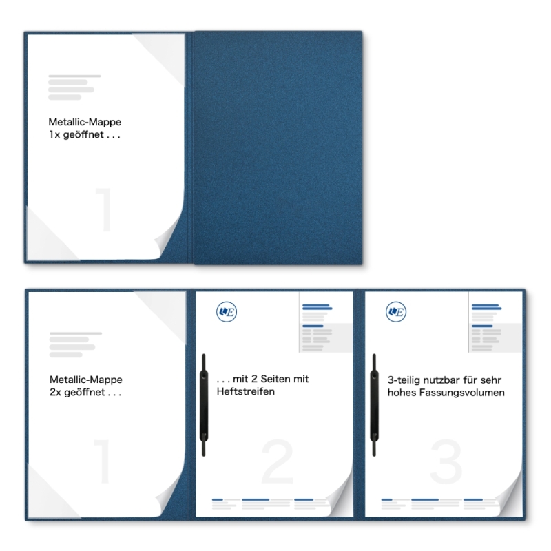 Metallic-Design 3-teilig in Nachtblau mit Dreiecktaschen (li.) und 2 Heftstreifen