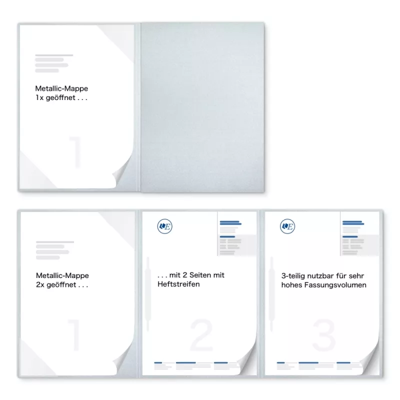 Karton-Mappe mit Metallic-Effekt 3-teilig in Silber mit Dreiecktaschen (li.) und 2 Heftstreifen