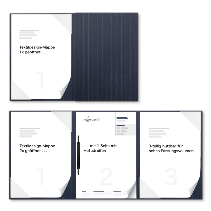 Premium Karton-Mappe mit Nadelstreifen-Design 3-teilig in navy blue mit 2 Seiten Dreiecktaschen und 1 Heftstreifen