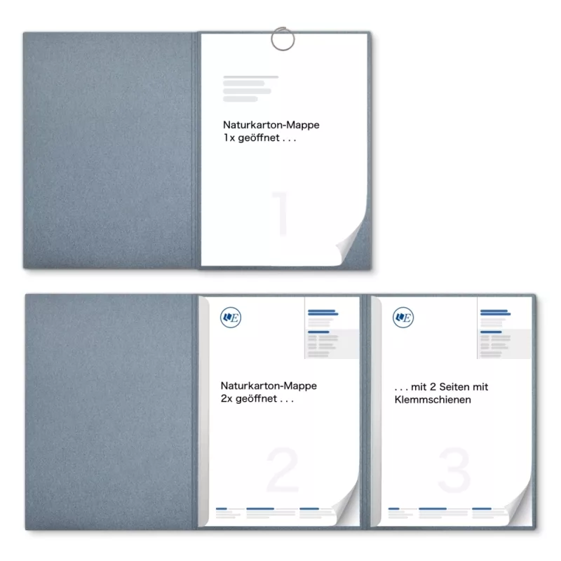 Karton-Mappe mit Metallic-Effekt 3-teilig in Zink mit runder Metallklammer (re.) und 2 Klemmschienen