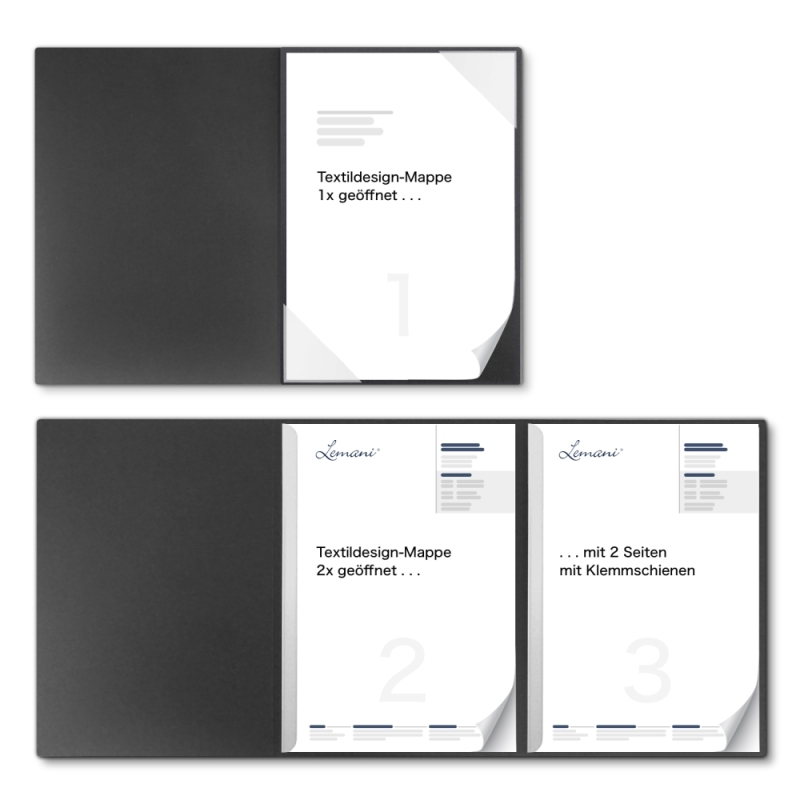 Premium Karton-Mappe 3-teilig in dark grey mit Dreiecktaschen (re.) und 2 Klemmschienen