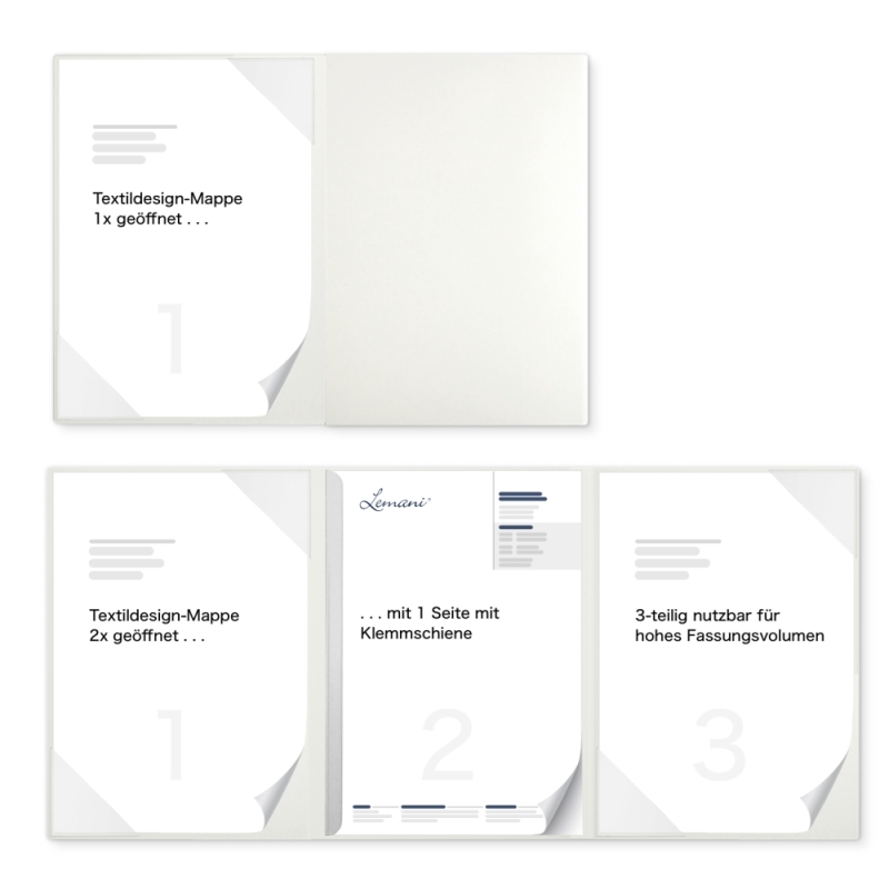 Karton-Mappe mit Textil-Design 3-teilig in pearl white mit 2 Seiten Dreiecktaschen und 1 Klemmschiene