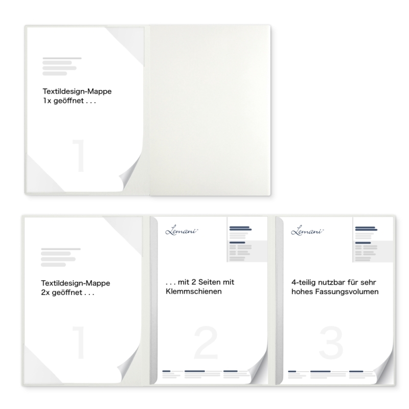 Premium Karton-Mappe 3-teilig in pearl white mit Dreiecktaschen (li.) und 2 Klemmschienen