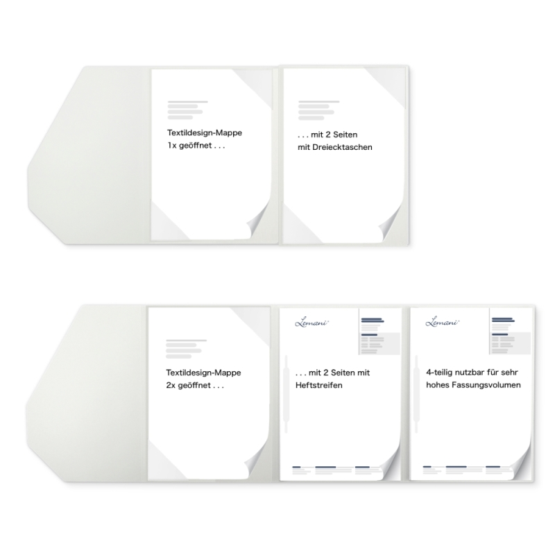 Karton-Mappe mit Textil-Design 4-teilig in pearl white mit 2 Seiten Dreiecktaschen, 2 Heftstreifen und elegantem Steckverschluss