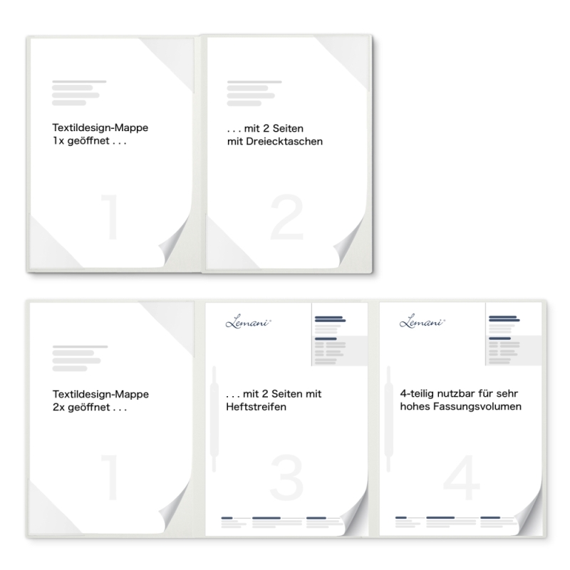 Premium Karton-Mappe 4-teilig in pearl white mit 2 Seiten Dreiecktaschen und 2 Hefftstreifen