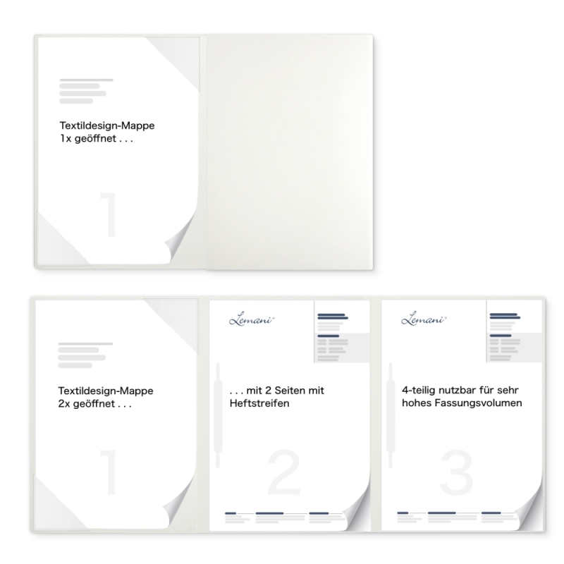 Karton-Mappe mit Textil-Design 3-teilig in pearl white mit Dreiecktaschen (li.) und 2 Heftstreifen