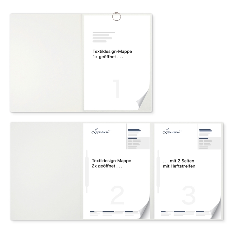 Karton-Mappe mit Textil-Design 3-teilig in pearl white mit runder Metallklammer (re.) und 2 Heftstreifen