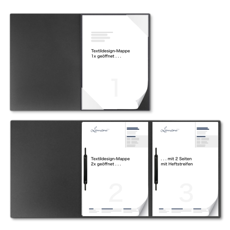 Karton-Mappe mit Textil-Design 3-teilig in dark grey mit Dreiecktaschen (re.) und 2 Heftstreifen