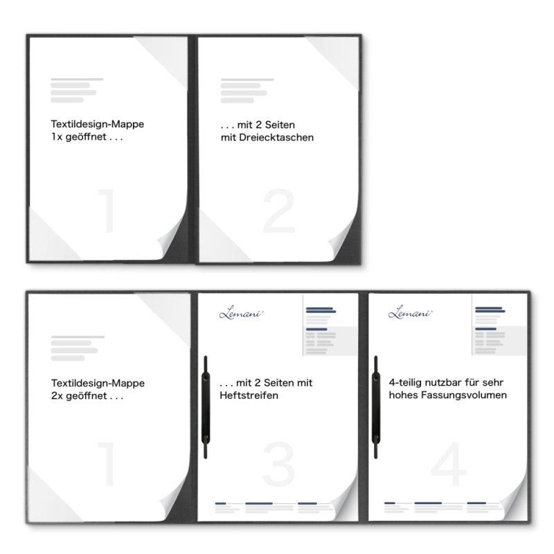Karton-Mappe mit Textil-Design 4-teilig in dark grey mit 2 Seiten Dreiecktaschen und 2 Heftstreifen