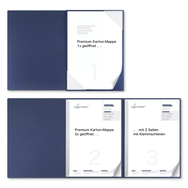 Premium Karton-Mappe 3-teilig in Marineblau mit Dreiecktaschen (re.) und 2 Klemmschienen