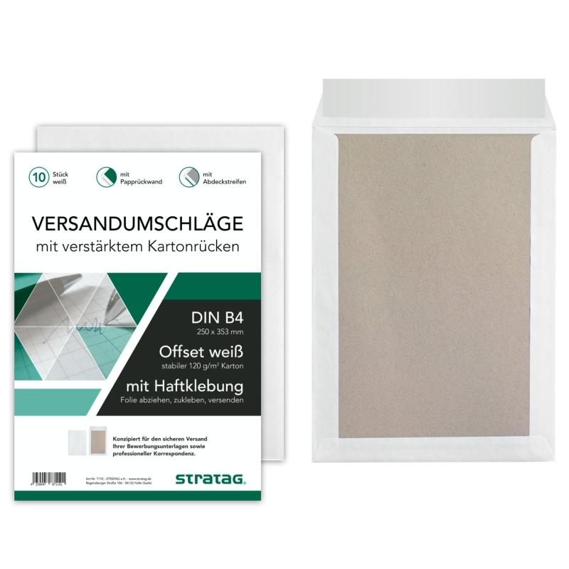 30 Stück B4 Versandtaschen in Weiß mit Papprückwand, 250 x 353 mm