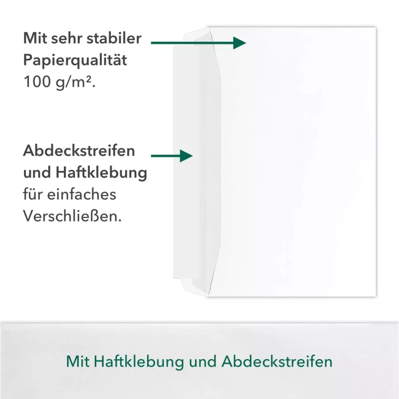 250 Stück C4 Briefumschläge in Weiß, haftklebend mit Abdeckstreifen, mit Fenster