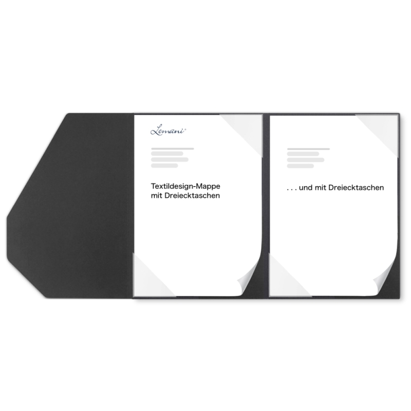Karton-Mappe mit Textil-Design 2-teilig in dark grey mit 2 Seiten Dreiecktaschen und eleganter Verschlusslasche