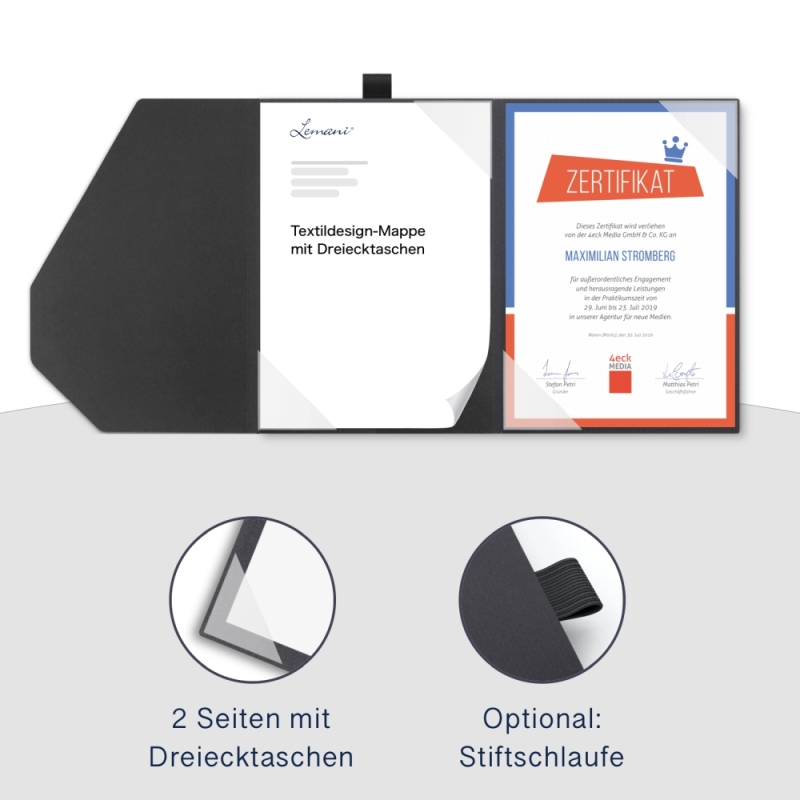 Karton-Mappe mit Textil-Design 2-teilig in dark grey mit 2 Seiten Dreiecktaschen und eleganter Verschlusslasche