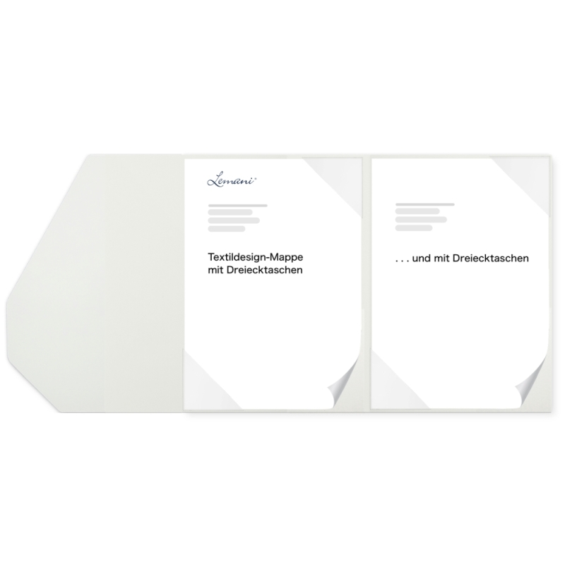 Karton-Mappe mit Textil-Design 2-teilig in pearl white mit 2 Seiten Dreiecktaschen und eleganter Verschlusslasche