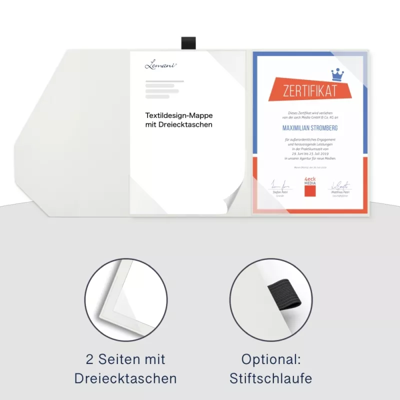 Premium Karton-Mappe 2-teilig in pearl white mit 2 Seiten Dreiecktaschen und eleganter Verschlusslasche