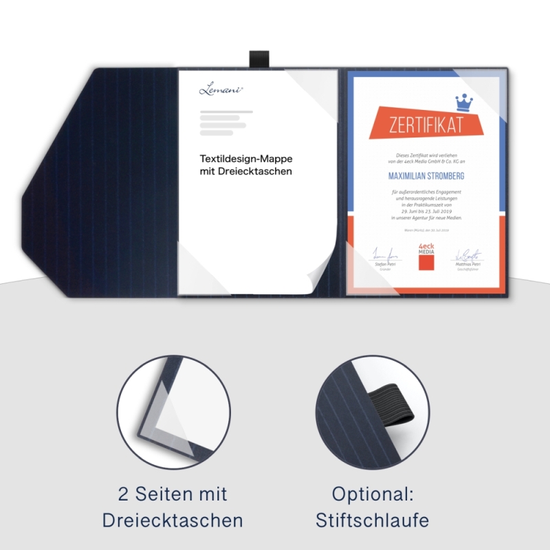 Karton-Mappe mit Nadelstreifen-Design 2-teilig in navy blue mit 2 Seiten Dreiecktaschen und eleganter Verschlusslasche