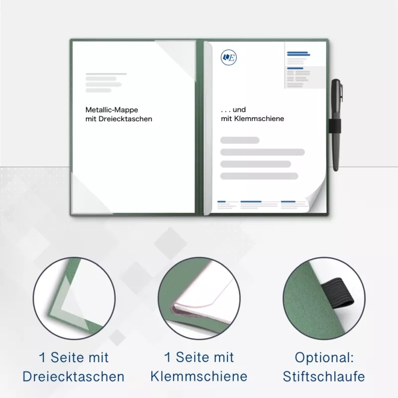 Karton-Mappe mit Metallic-Effekt 2-teilig in Smaragdgrün mit Dreiecktaschen und 1 Klemmschiene
