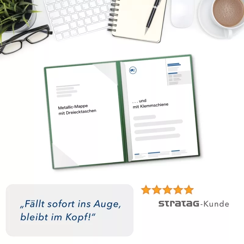 Karton-Mappe mit Metallic-Effekt 2-teilig in Smaragdgrün mit Dreiecktaschen und 1 Klemmschiene