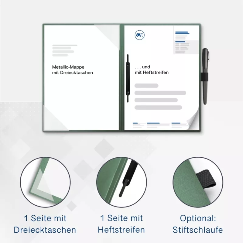 Karton-Mappe mit Metallic-Effekt 2-teilig in Smaragdgrün mit Dreiecktaschen und 1 Heftstreifen