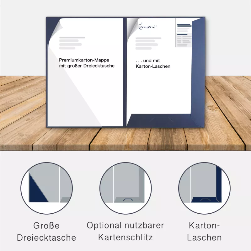 Premium Karton-Mappe 2-teilig in Marineblau mit Laschen und großer Dreiecktasche