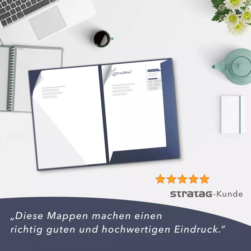 Premium Karton-Mappe 2-teilig in Marineblau mit Laschen und großer Dreiecktasche