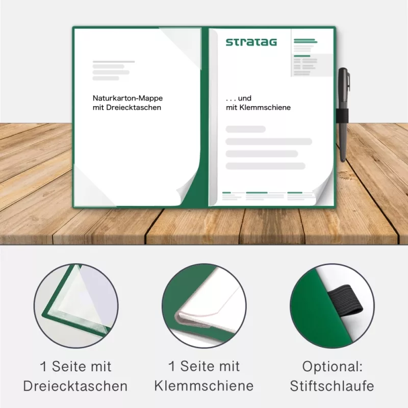 Naturkarton-Mappe 2-teilig in Blattgrün mit Dreiecktaschen und 1 Klemmschiene