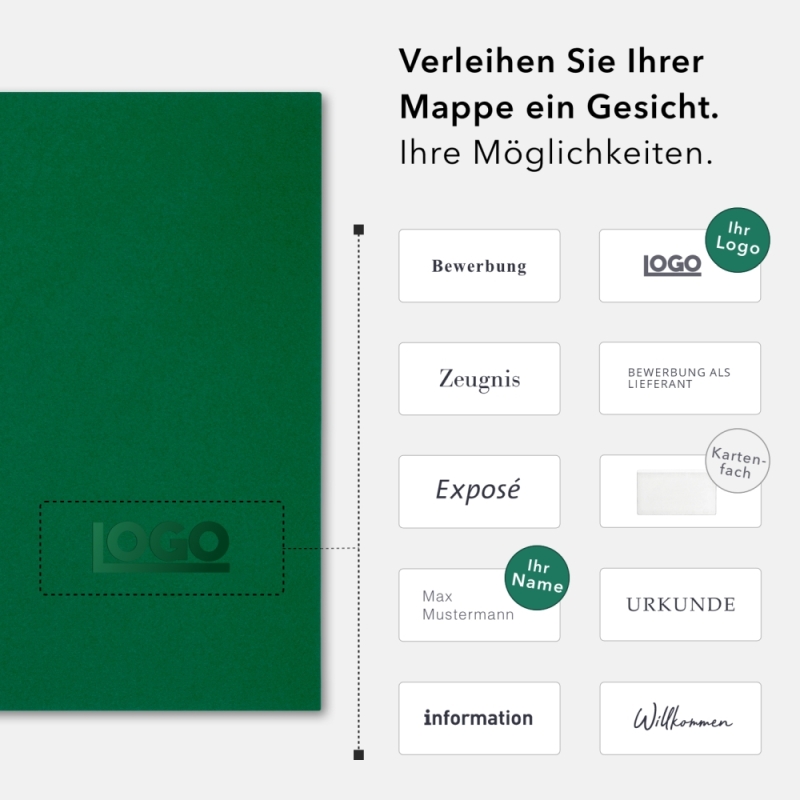 Naturkarton-Mappe 2-teilig in Blattgrün mit Dreiecktaschen und 1 Klemmschiene