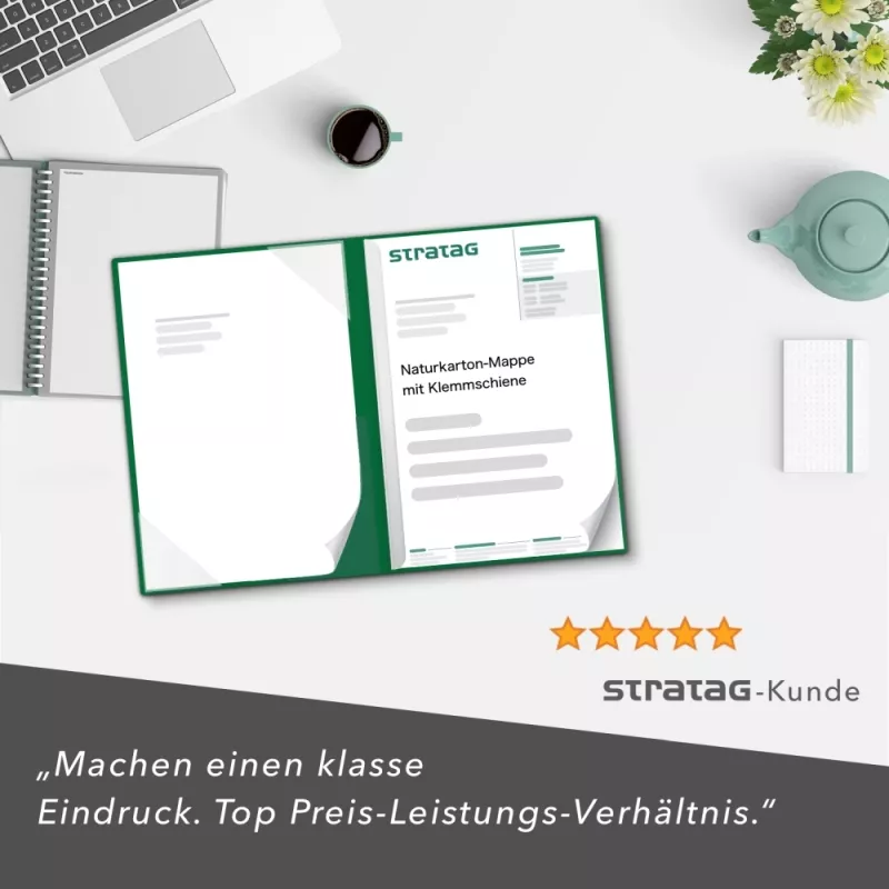 Naturkarton-Mappe 2-teilig in Blattgrün mit Dreiecktaschen und 1 Klemmschiene