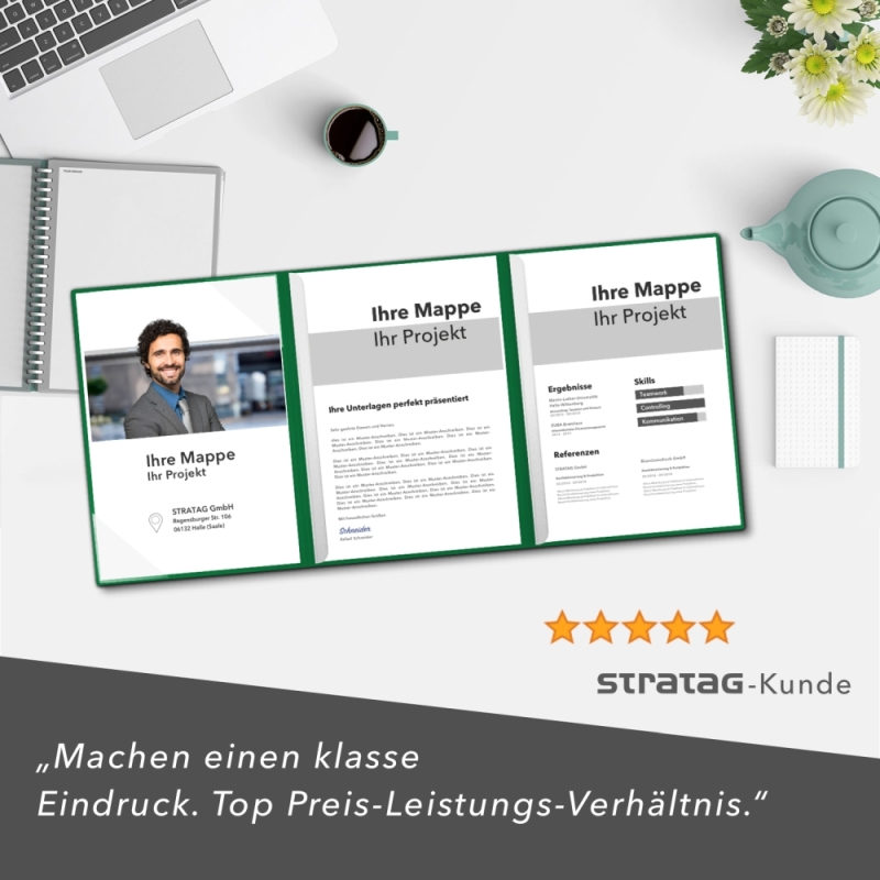 Naturkarton-Mappe 4-teilig in Blattgrün mit 2 Seiten Dreiecktaschen und 2 Klemmschienen