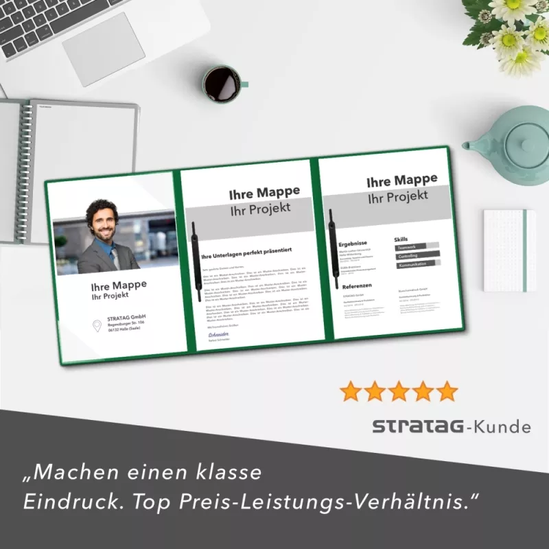 Naturkarton-Mappe 4-teilig in Blattgrün mit 2 Seiten Dreiecktaschen und 2 Heftstreifen