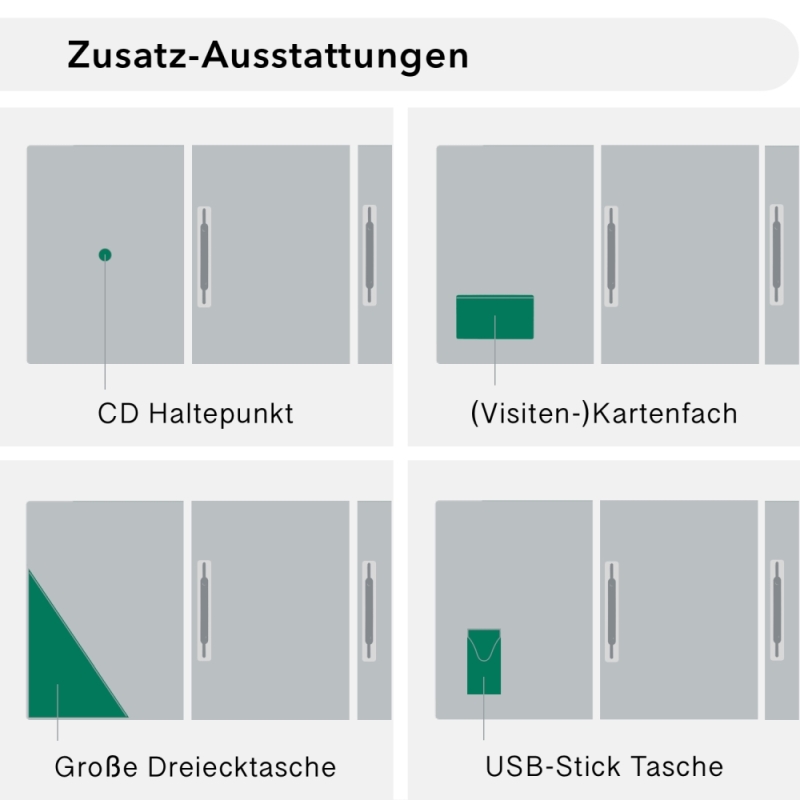 Naturkarton-Mappe 3-teilig in Blattgrün mit Dreiecktaschen (re.) und 2 Heftstreifen