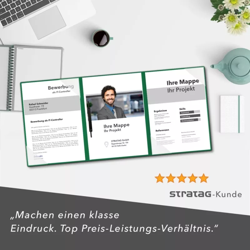 Naturkarton-Mappe 3-teilig in Blattgrün mit 2 Seiten Dreiecktaschen und 1 Heftstreifen
