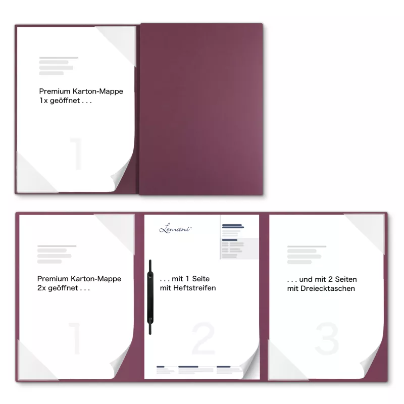 Premium Karton-Mappe 3-teilig in Bordeaux mit 2 Seiten Dreiecktaschen und 1 Heftstreifen