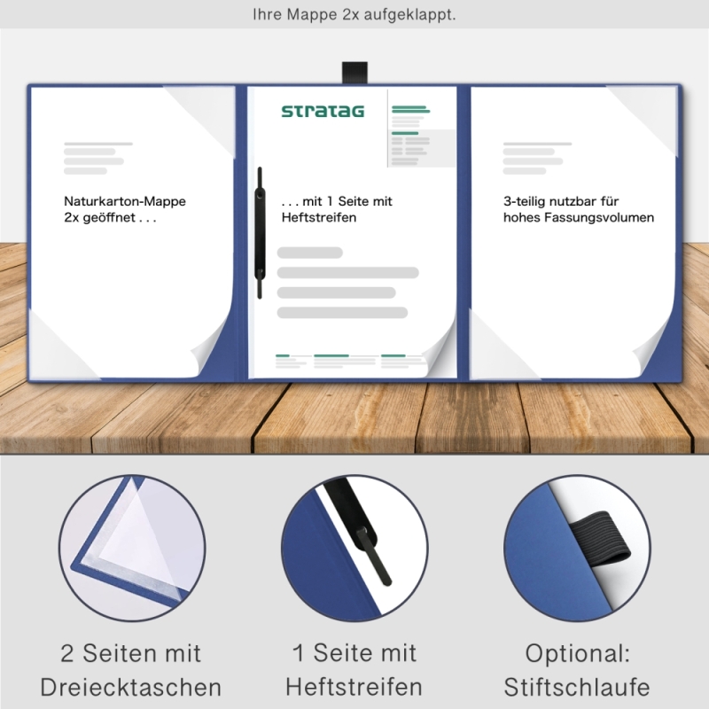 Naturkarton-Mappe 3-teilig in Königsblau mit 2 Seiten Dreiecktaschen und 1 Heftstreifen