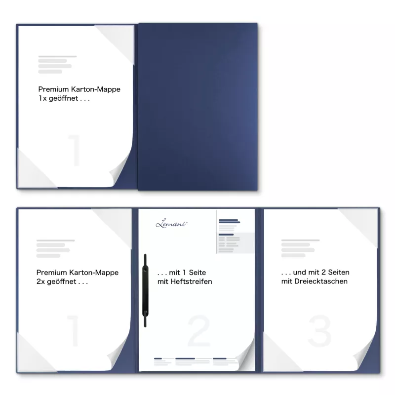 Premium Karton-Mappe 3-teilig in Marineblau mit 2 Seiten Dreiecktaschen und 1 Heftstreifen