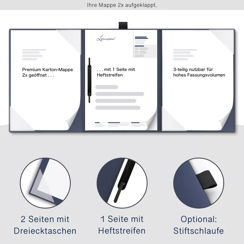 Premium Karton-Mappe 3-teilig in Marineblau mit 2 Seiten Dreiecktaschen und 1 Heftstreifen