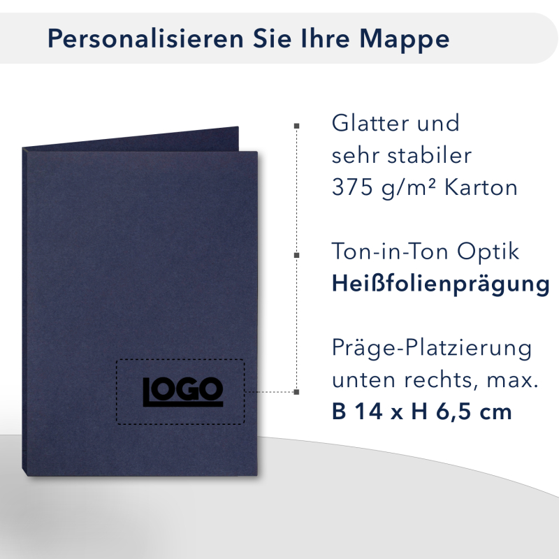 Naturkarton-Mappe 3-teilig in Marineblau mit 2 Seiten Dreiecktaschen und 1 Heftstreifen