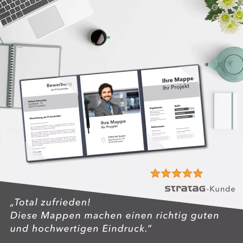 Premium Karton-Mappe 3-teilig in Marineblau mit 2 Seiten Dreiecktaschen und 1 Heftstreifen