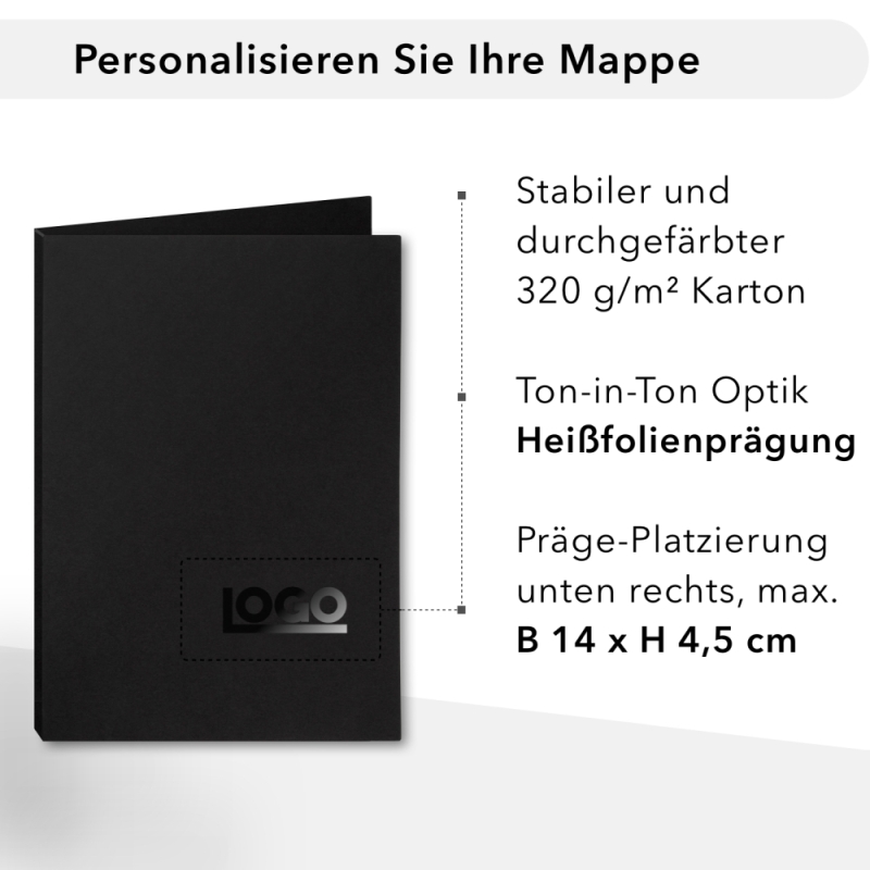 Naturkarton-Mappe 3-teilig in Schwarz mit 2 Seiten Dreiecktaschen und 1 Heftstreifen