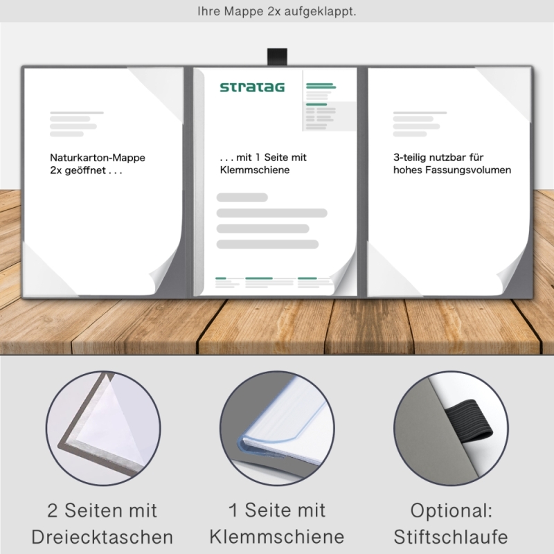 Naturkarton-Mappe 3-teilig in Steingrau mit 2 Seiten Dreiecktaschen und 1 Klemmschiene