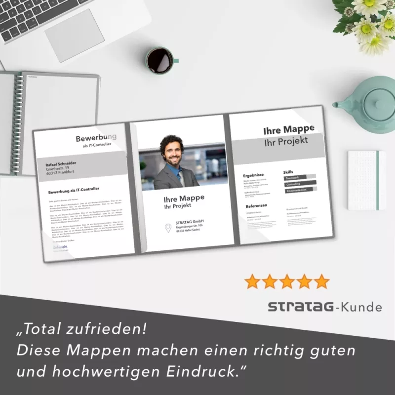Naturkarton-Mappe 3-teilig in Steingrau mit 2 Seiten Dreiecktaschen und 1 Klemmschiene