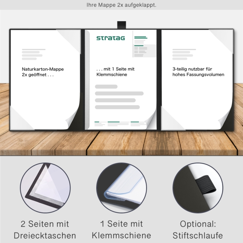 Naturkarton-Mappe 3-teilig in Schwarz mit 2 Seiten Dreiecktaschen und 1 Klemmschiene