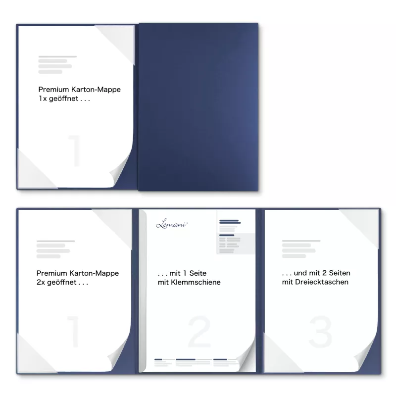 Premium Karton-Mappe 3-teilig in Marineblau mit 2 Seiten Dreiecktaschen und 1 Klemmschiene