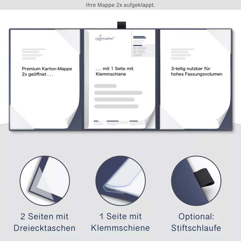 Premium Karton-Mappe 3-teilig in Marineblau mit 2 Seiten Dreiecktaschen und 1 Klemmschiene