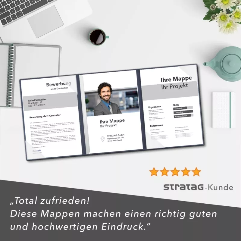 Premium Karton-Mappe 3-teilig in Marineblau mit 2 Seiten Dreiecktaschen und 1 Klemmschiene